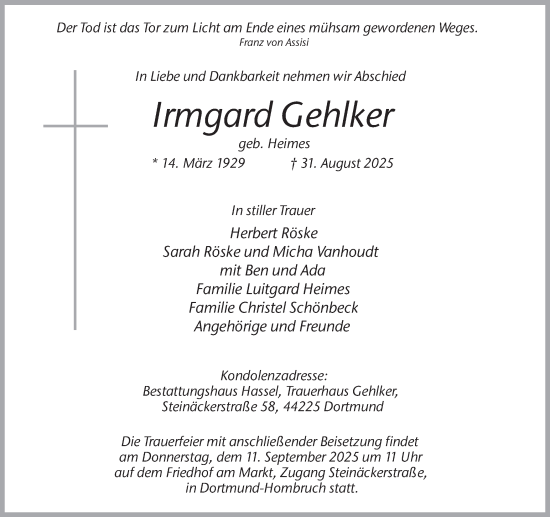 Traueranzeige von Irmgard Gehlker von Ruhr Nachrichten