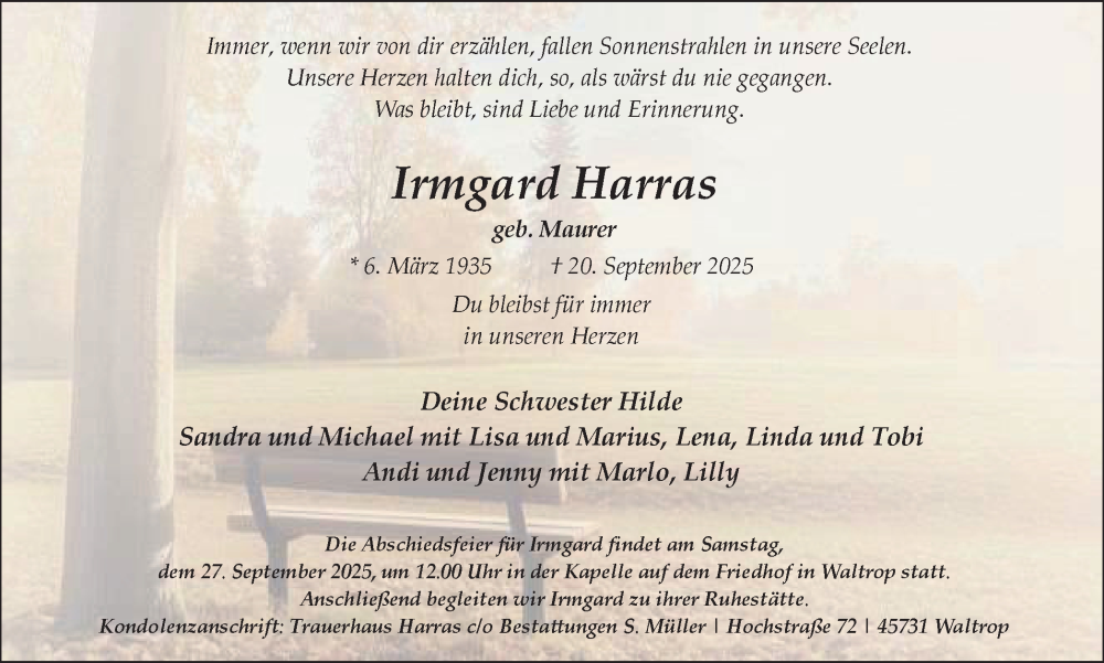  Traueranzeige für Irmgard Harras vom 25.09.2025 aus Trauer Vest