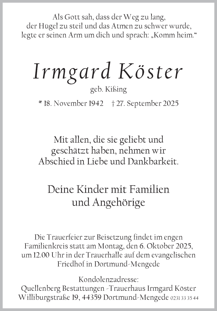  Traueranzeige für Irmgard Köster vom 01.10.2025 aus Ruhr Nachrichten
