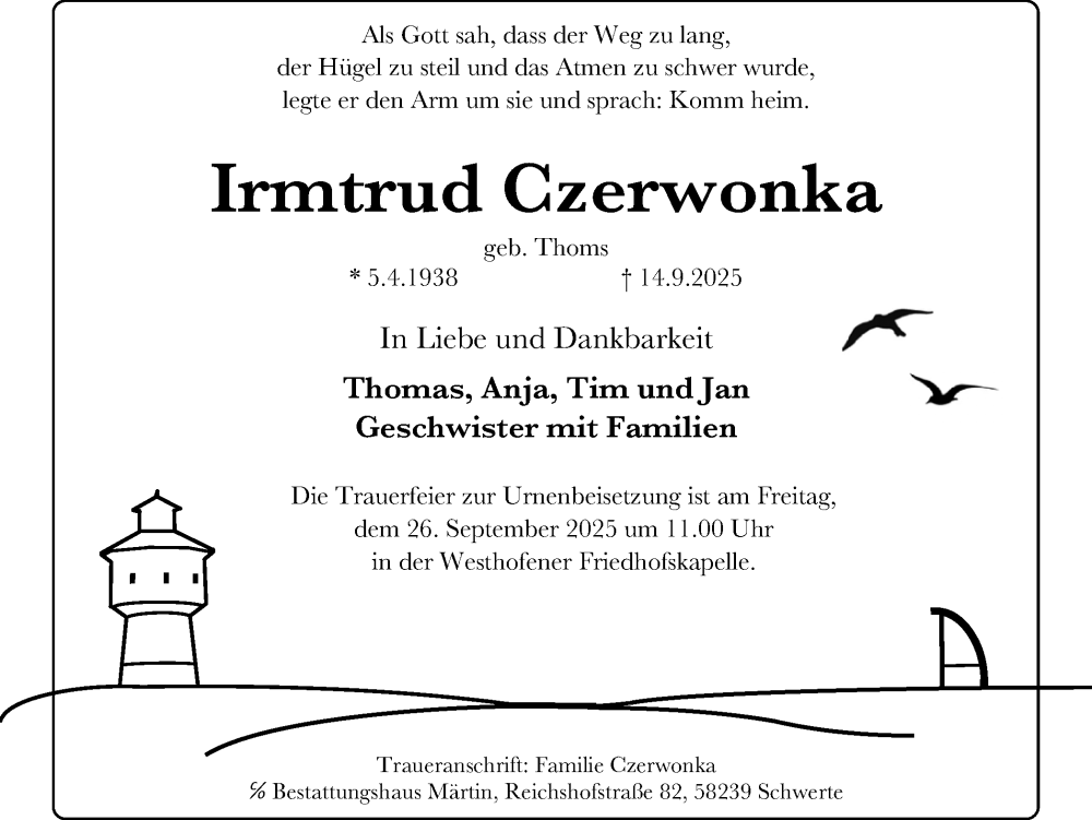  Traueranzeige für Irmtrud Czerwonka vom 20.09.2025 aus Ruhr Nachrichten