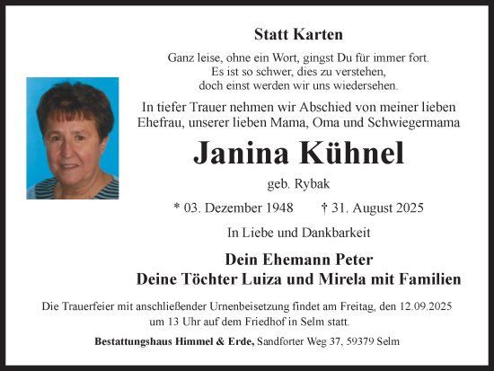 Traueranzeige von Janina Kühnel von Ruhr Nachrichten