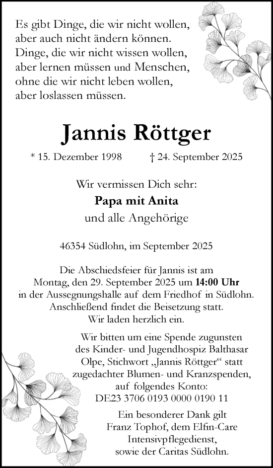 Traueranzeige von Jannis Röttger von Münsterland Zeitung