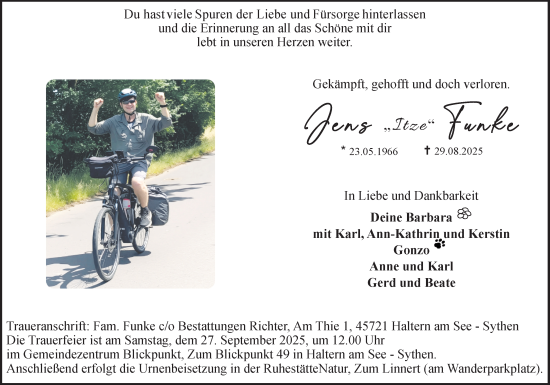 Traueranzeige von Jens Funke von Ruhr Nachrichten und Halterner Zeitung