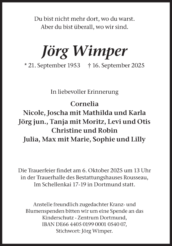 Traueranzeige von Jörg Wimper von Ruhr Nachrichten