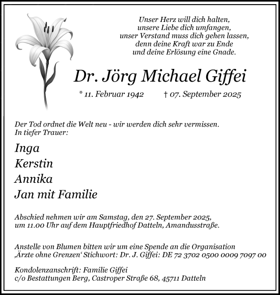 Traueranzeige von Jörg Michael Giffei von Trauer Vest