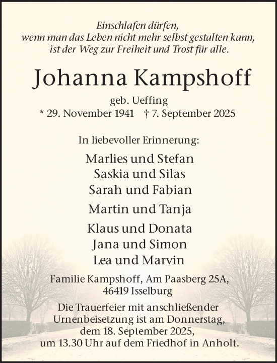 Traueranzeige von Johanna Kampshoff 
