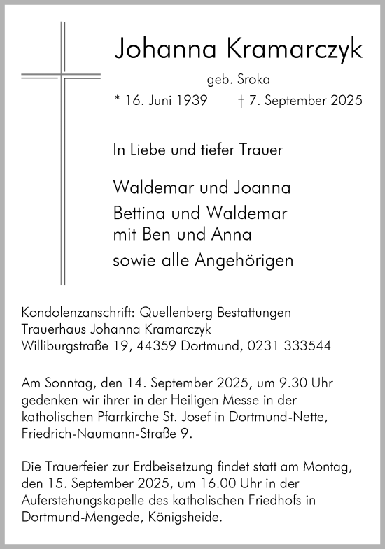 Traueranzeige von Johanna Kramarczyk von Ruhr Nachrichten