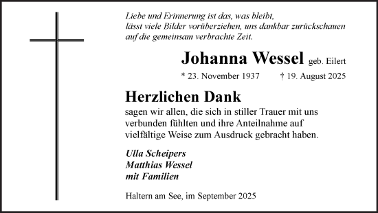 Traueranzeige von Johanna Wessel von Ruhr Nachrichten und Halterner Zeitung