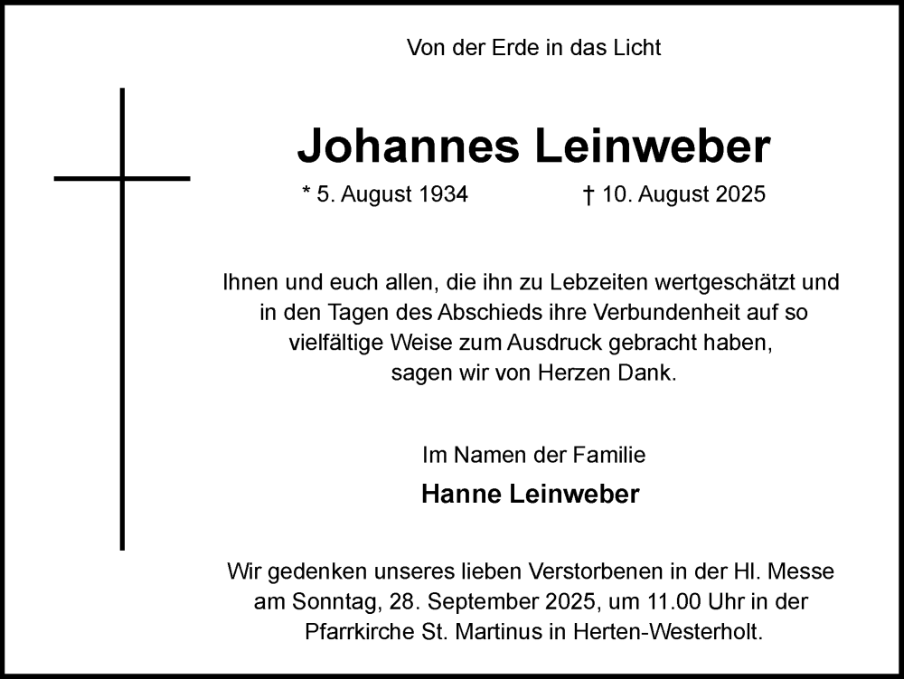  Traueranzeige für Johannes Leinweber vom 20.09.2025 aus Trauer Vest