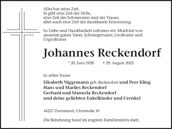 Traueranzeige von Johannes Reckendorf von Ruhr Nachrichten