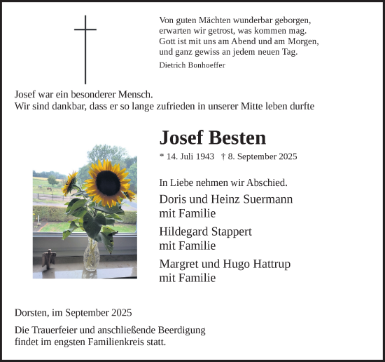 Traueranzeige von Josef Besten von Ruhr Nachrichten und Dorstener Zeitung