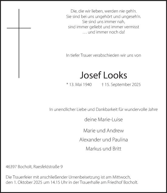 Traueranzeige von Josef Looks 