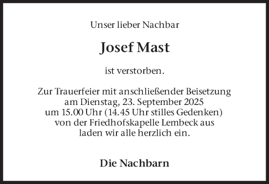 Traueranzeige von Josef Mast von Ruhr Nachrichten und Dorstener Zeitung