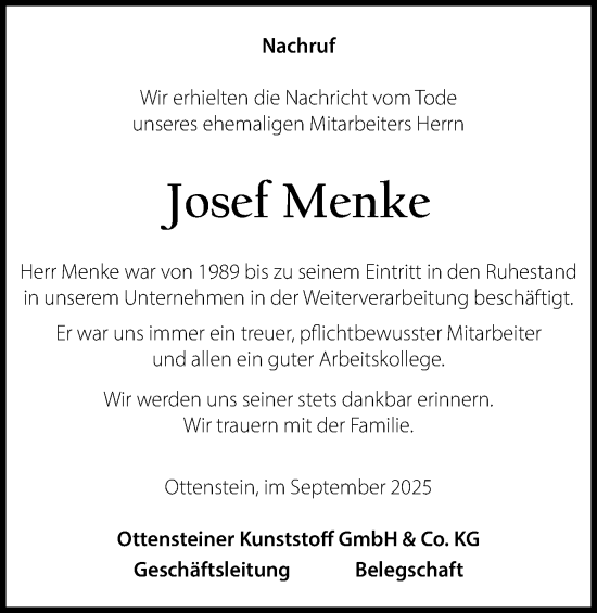 Traueranzeige von Josef Menke von Münsterland Zeitung