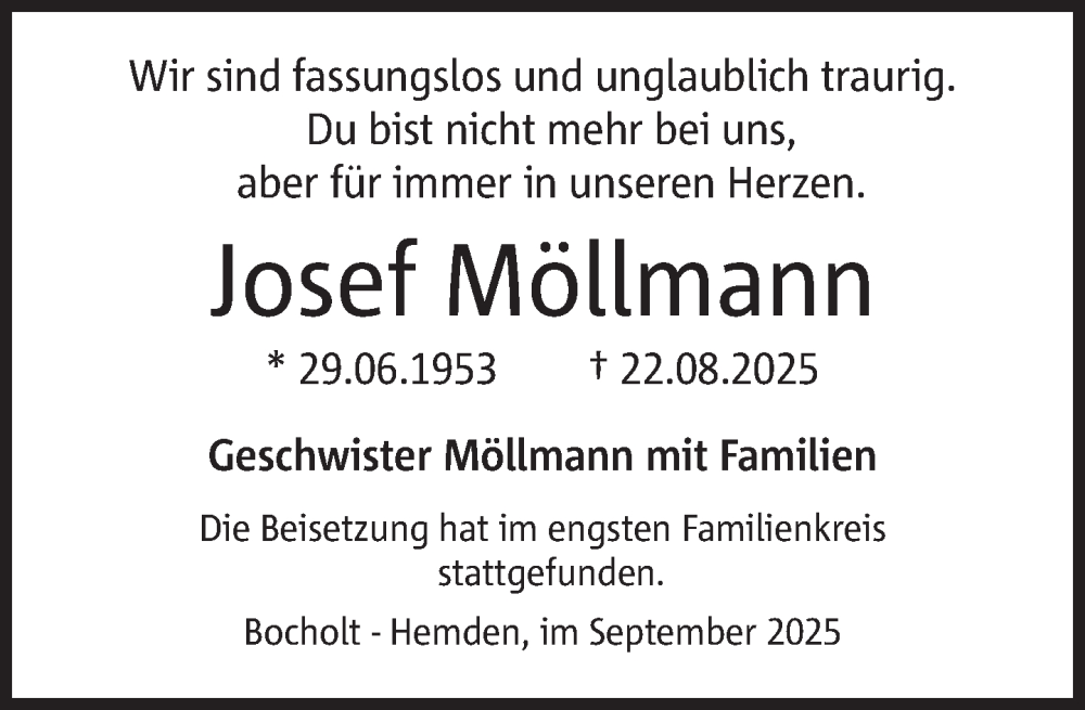  Traueranzeige für Josef Möllmann vom 24.09.2025 aus 