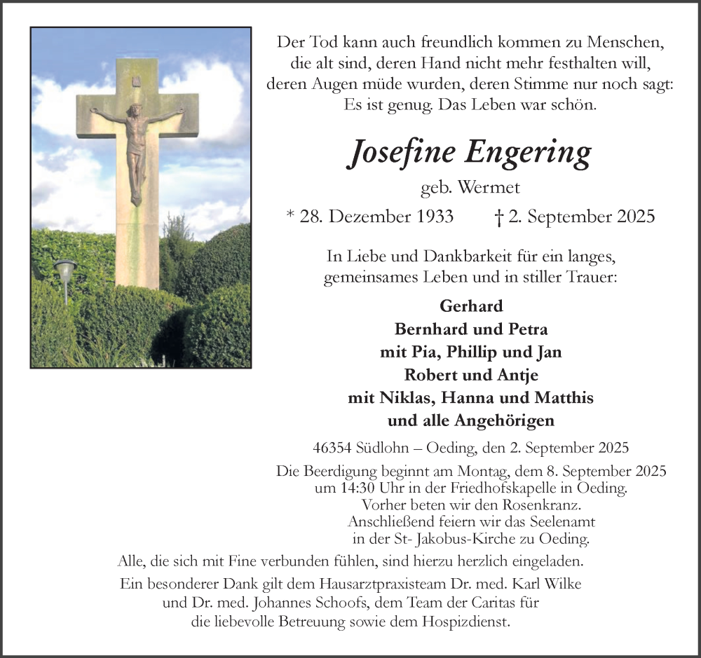  Traueranzeige für Josefine Engering vom 05.09.2025 aus Münsterland Zeitung