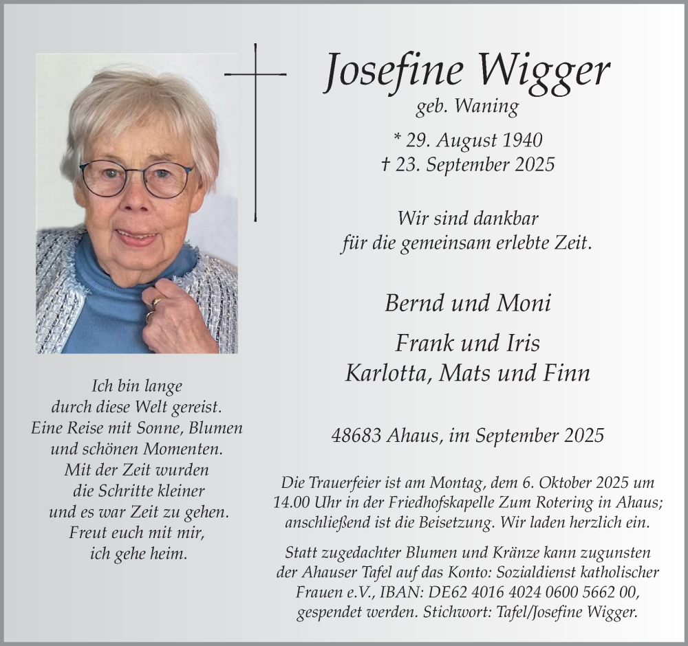  Traueranzeige für Josefine Wigger vom 30.09.2025 aus Münsterland Zeitung