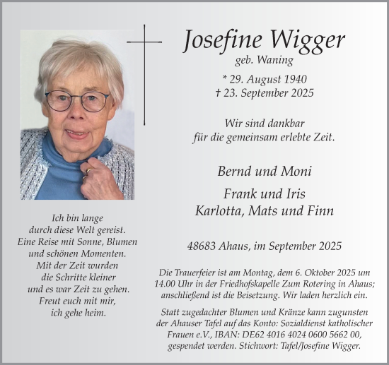 Traueranzeige von Josefine Wigger von Münsterland Zeitung