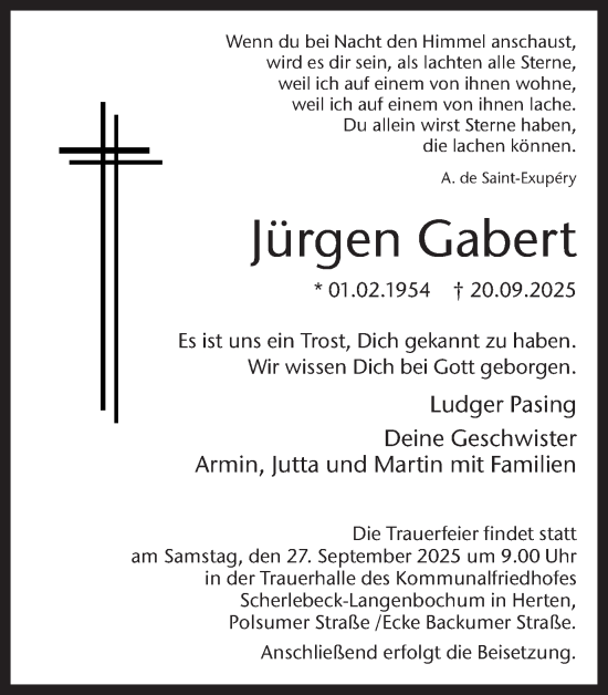 Traueranzeige von Jürgen Gabert von Ruhr Nachrichten und Dorstener Zeitung