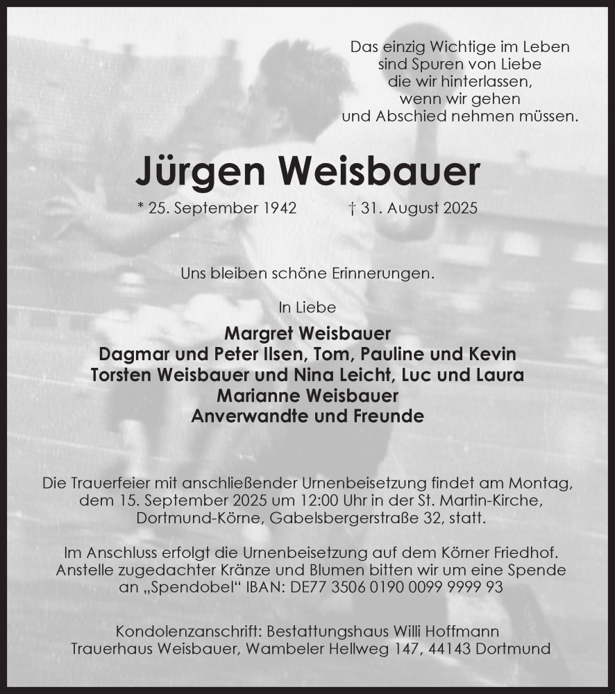  Traueranzeige für Jürgen Weisbauer vom 06.09.2025 aus Ruhr Nachrichten