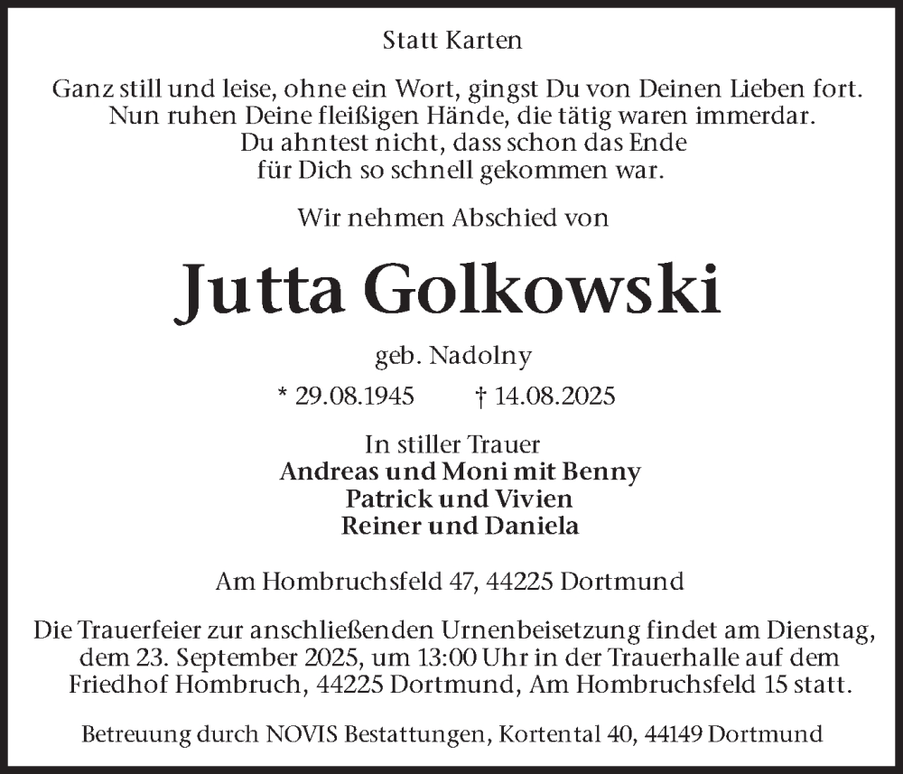  Traueranzeige für Jutta Golkowski vom 13.09.2025 aus Ruhr Nachrichten