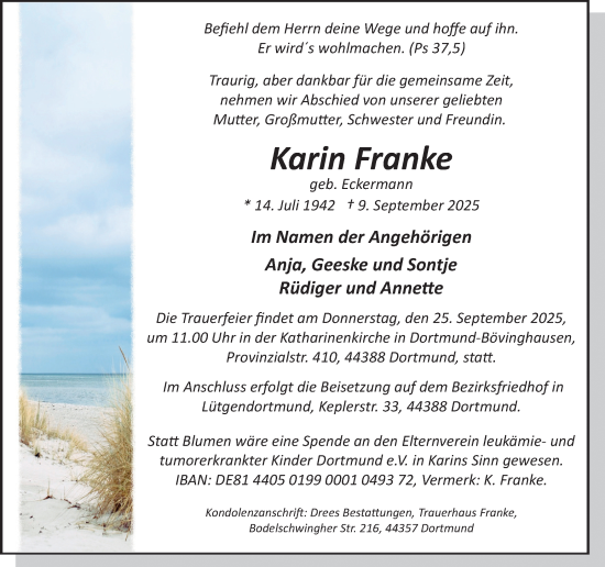Traueranzeige von Karin Franke von Ruhr Nachrichten