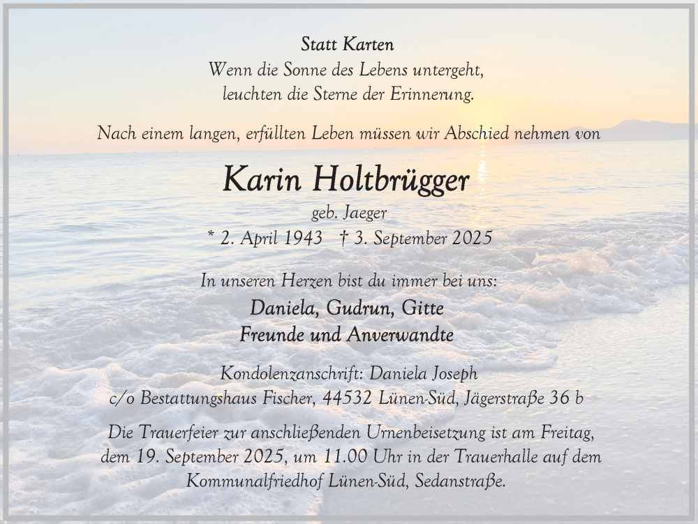  Traueranzeige für Karin Holtbrügger vom 13.09.2025 aus Ruhr Nachrichten