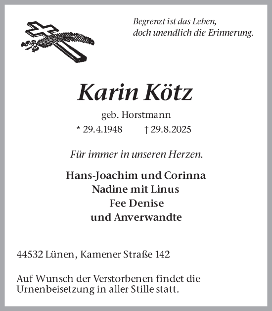 Traueranzeige von Karin Kötz von Ruhr Nachrichten