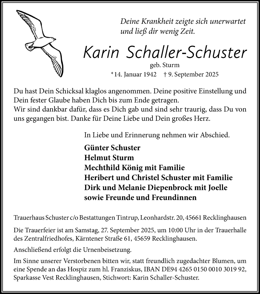  Traueranzeige für Karin Schaller-Schuster vom 20.09.2025 aus Trauer Vest