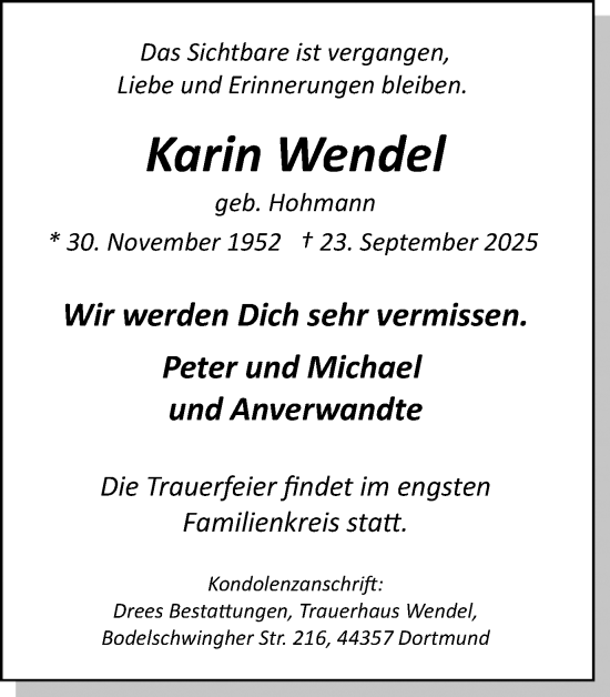 Traueranzeige von Karin Wendel von Ruhr Nachrichten
