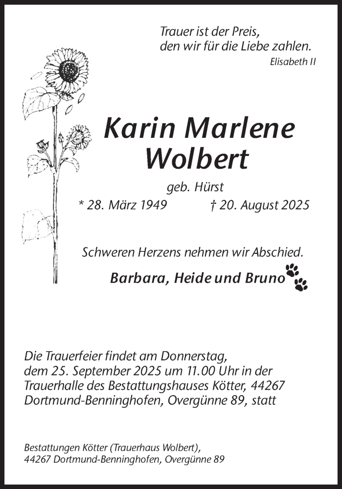  Traueranzeige für Karin Marlene Wolbert vom 06.09.2025 aus Ruhr Nachrichten