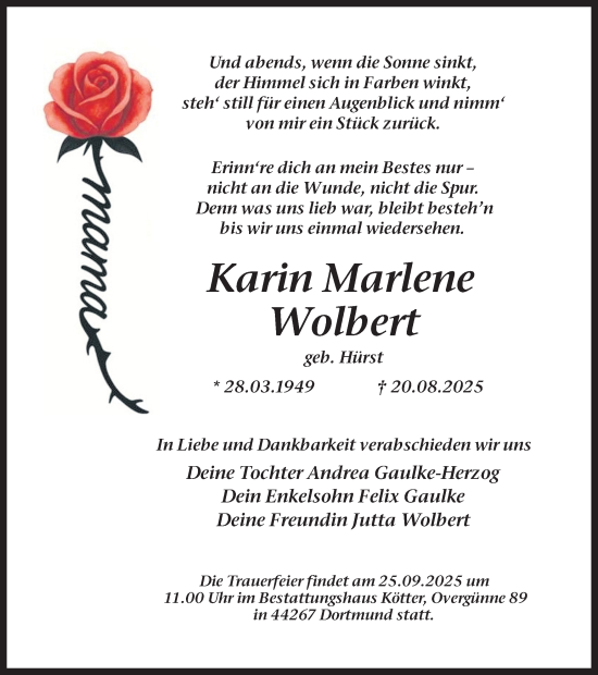 Traueranzeige von Karin Marlene Wolbert von Ruhr Nachrichten