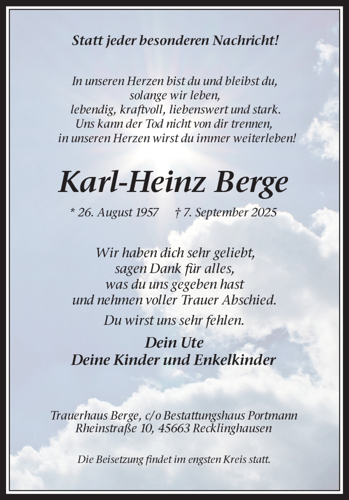  Traueranzeige für Karl-Heinz Berge vom 13.09.2025 aus Trauer Vest
