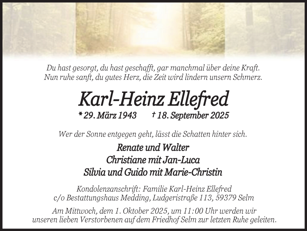  Traueranzeige für Karl-Heinz Ellefred vom 27.09.2025 aus Ruhr Nachrichten