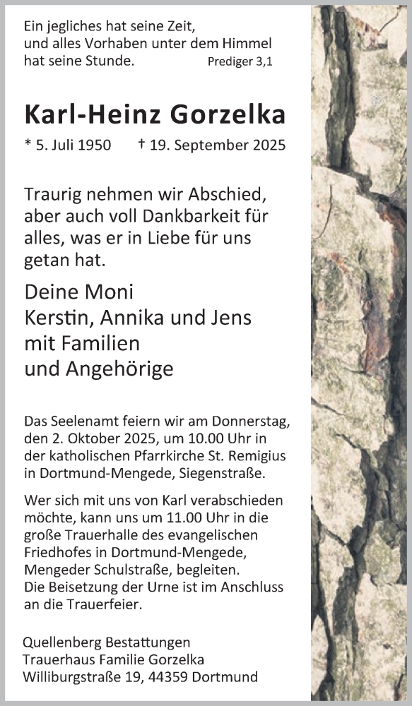  Traueranzeige für Karl-Heinz Gorzelka vom 27.09.2025 aus Ruhr Nachrichten