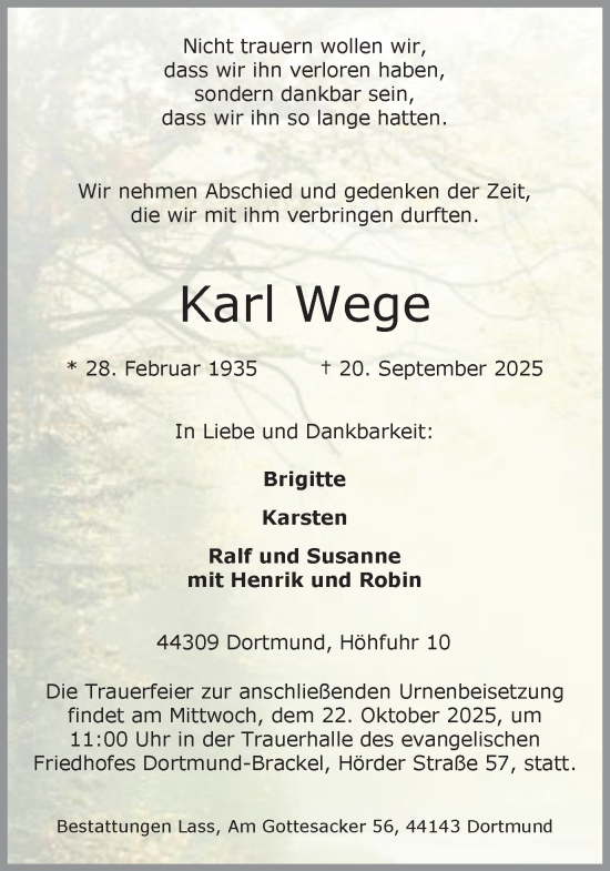 Traueranzeige von Karl Wege von Ruhr Nachrichten