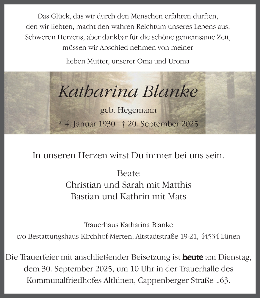  Traueranzeige für Katharina Blanke vom 30.09.2025 aus Ruhr Nachrichten