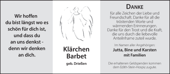 Traueranzeige von Klärchen Barbet 