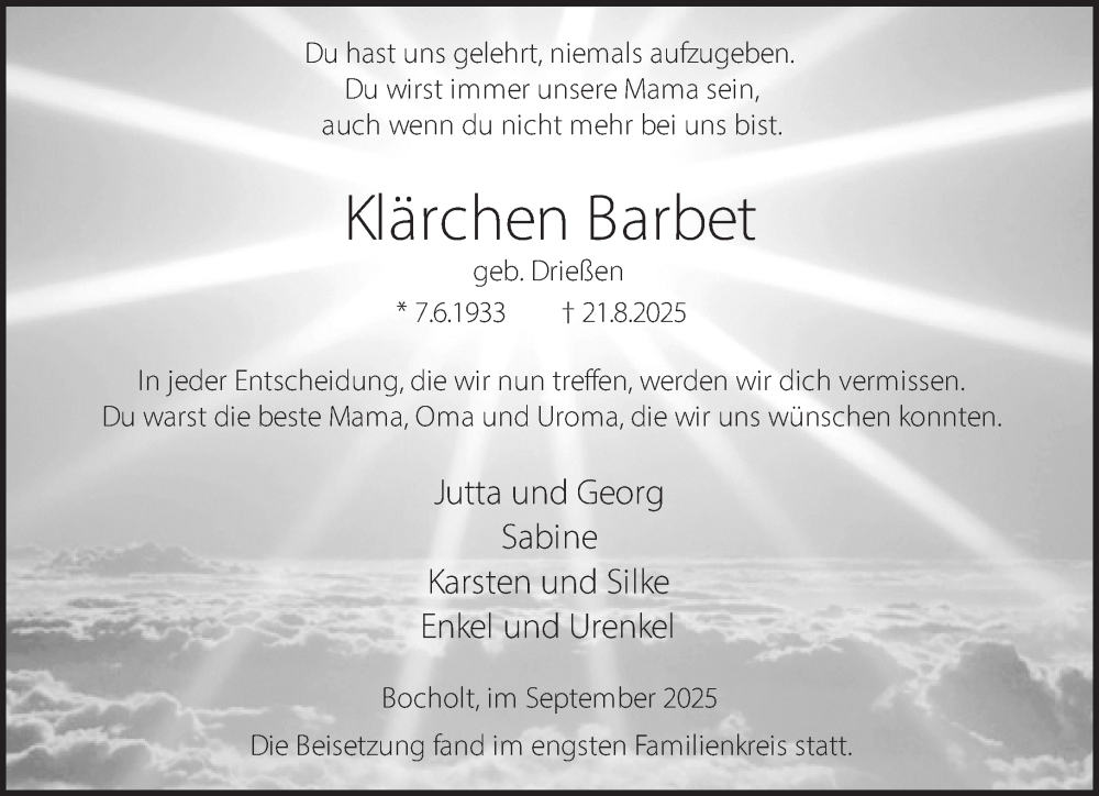  Traueranzeige für Klärchen Barbet vom 06.09.2025 aus 