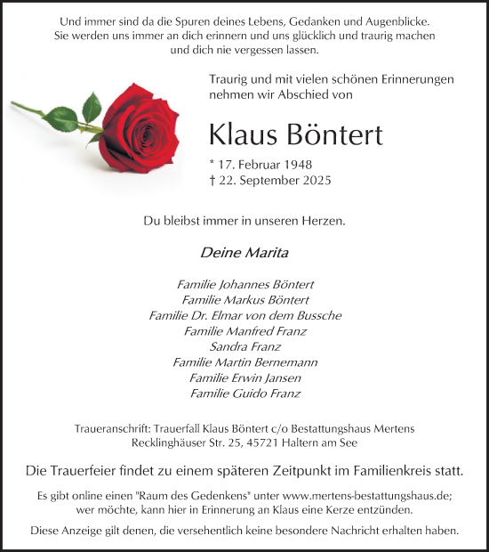 Traueranzeige von Klaus Böntert von Ruhr Nachrichten und Halterner Zeitung