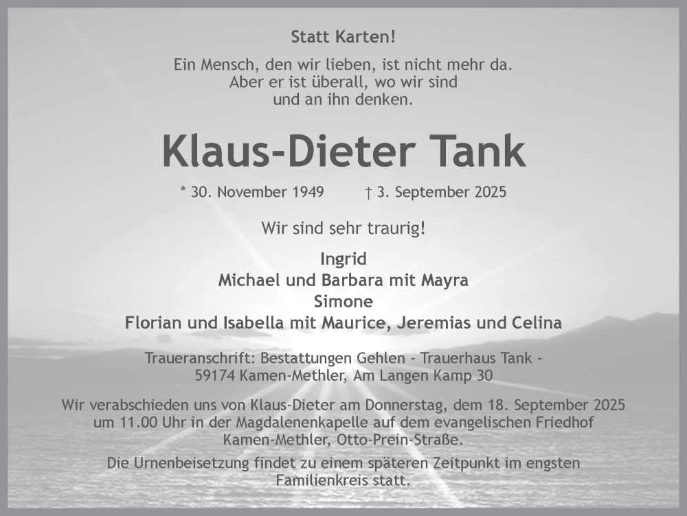  Traueranzeige für Klaus-Dieter Tank vom 06.09.2025 aus Hellweger Anzeiger