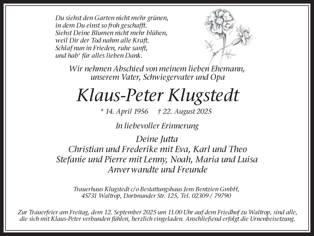  Traueranzeige für Klaus-Peter Klugstedt vom 06.09.2025 aus Trauer Vest