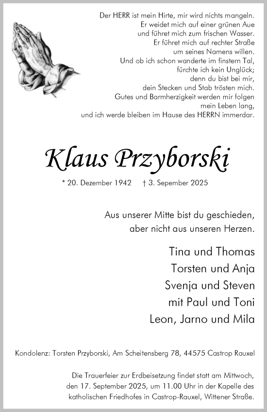 Traueranzeige von Klaus Przyborski von Stadtanzeiger Castrop-Rauxel