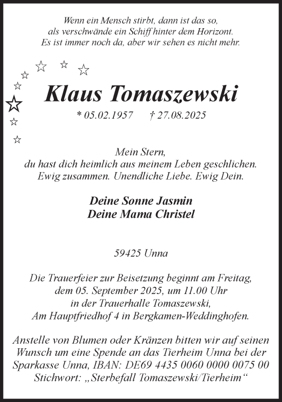 Traueranzeige von Klaus Tomaszewski von Hellweger Anzeiger
