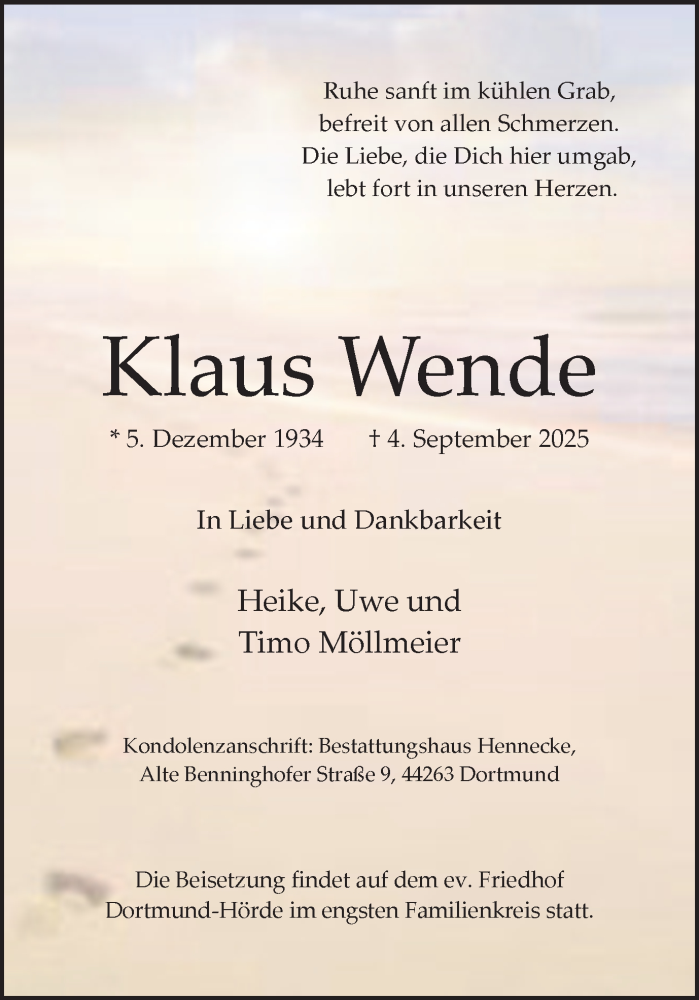 Traueranzeige für Klaus Wende vom 06.09.2025 aus Ruhr Nachrichten