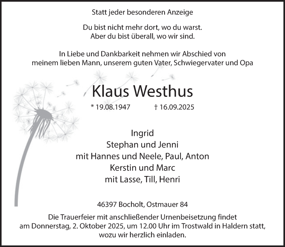  Traueranzeige für Klaus Westhus vom 27.09.2025 aus 