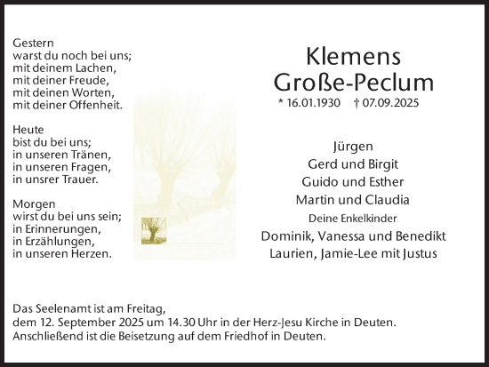 Traueranzeige von Klemens Große-Peclum von Ruhr Nachrichten und Dorstener Zeitung