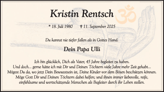 Traueranzeige von Kristin Rentsch von Hellweger Anzeiger