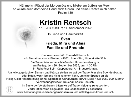Traueranzeige von Kristin Rentsch von Hellweger Anzeiger
