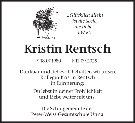 Traueranzeige von Kristin Rentsch von Hellweger Anzeiger